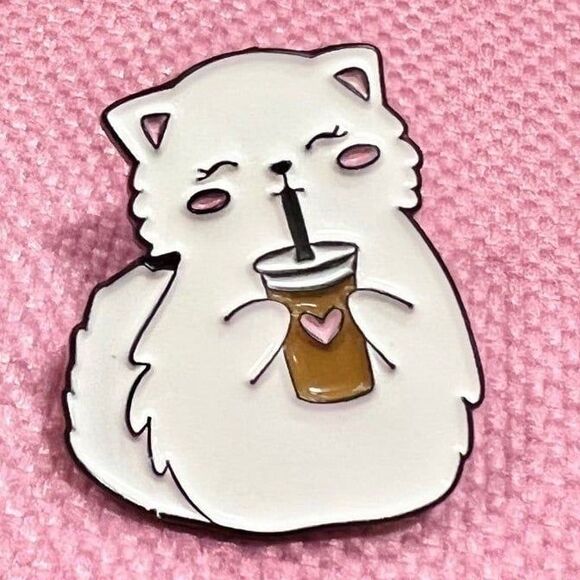 Cute Boba Drink White Cat Enamel Pin - Picture 1 of 3